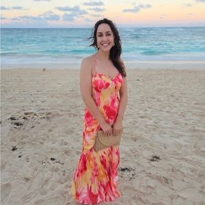 Azazie Nidia Pink Sunset Print Midi Dress